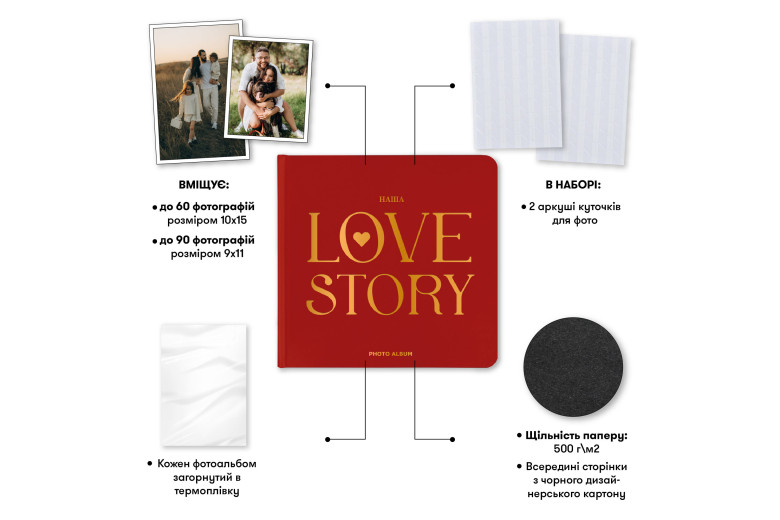 Універсальний фотоальбом "Наша love story" з чорними сторінками Універсальний фотоальбом "Наша love story" з чорними сторінками